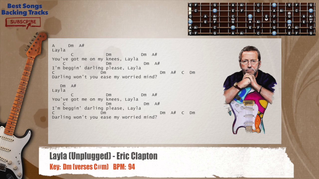 🎸 Layla (Unplugged) - Eric Clapton Guitar Backing Track with chords and lyrics