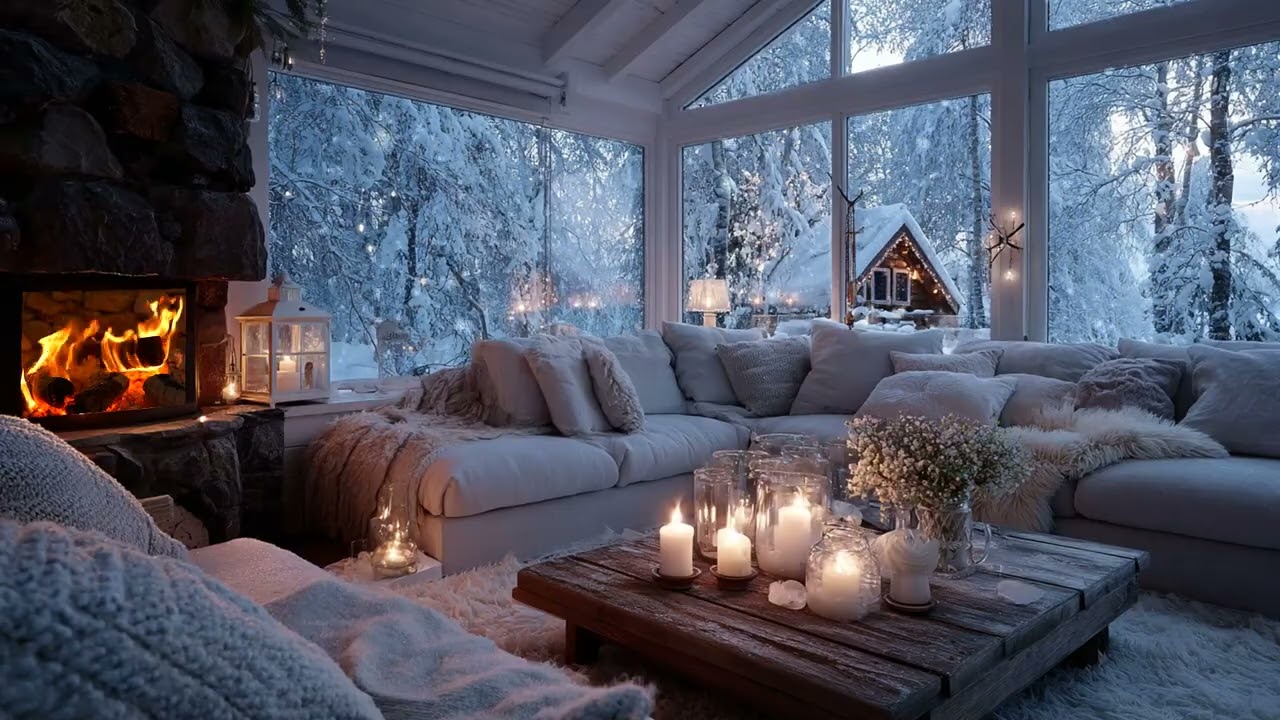 🤍❄️Minimal White Lounge Piano | Snowy Window & Cozy Fireplace | Focus Comfort Healing Deep Sleep