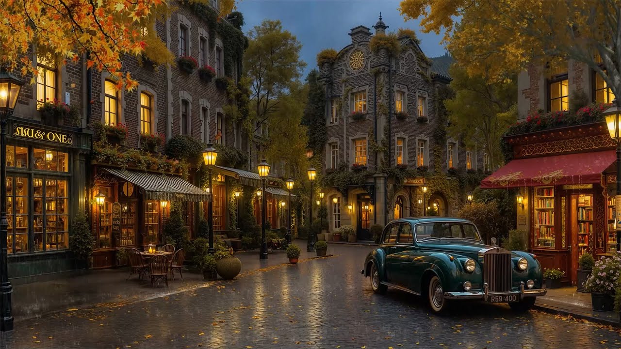 Rainy Autumn Evening Jazz Music 🌙 Relaxing Ambience at a Vintage Caf&eacute; & Old Bookstore