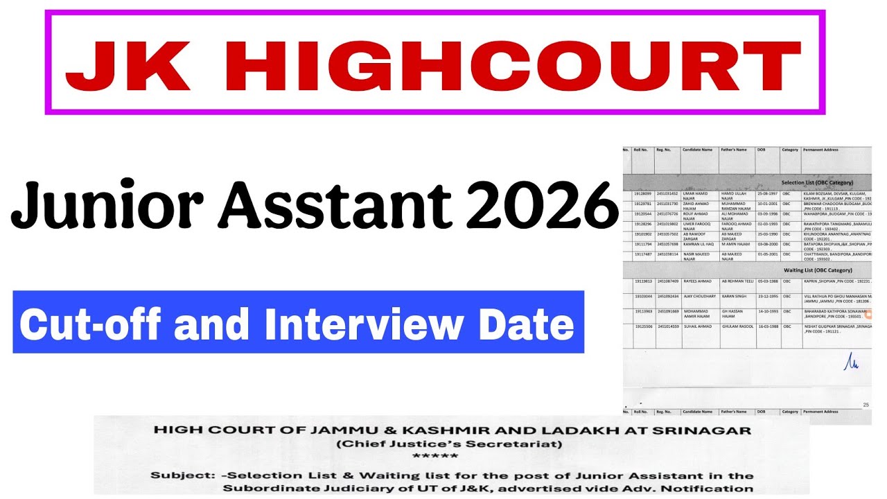 JK High Court Junior Assistant 2026 || Cut-off and Interview Date ●