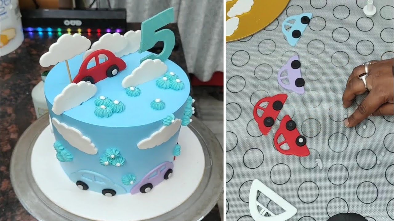 Car Theme 5th Birthday Cake 🚗💙 | Kids Special Cake Design | Sky Blue Car Theme Cake