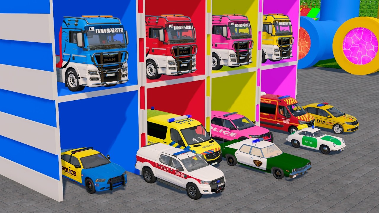TRANSPORTING ALL POLICE CARS and AMBULANCE EMERGENCY VEHICLES WITH MERCEDES POLICE TRUCKS ! FS22