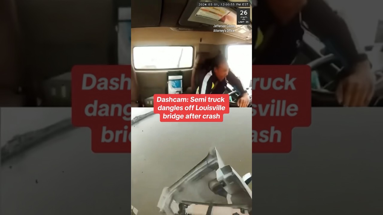 Dashcam: Semi truck dangles off Louisville bridge after crash #shorts
