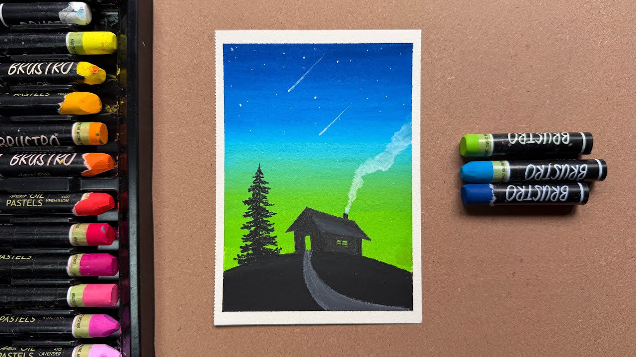 Easy Night Landscape Drawing with Oil Pastels 🌌 | Hut & Shooting Stars Scenery | Step-by-Step