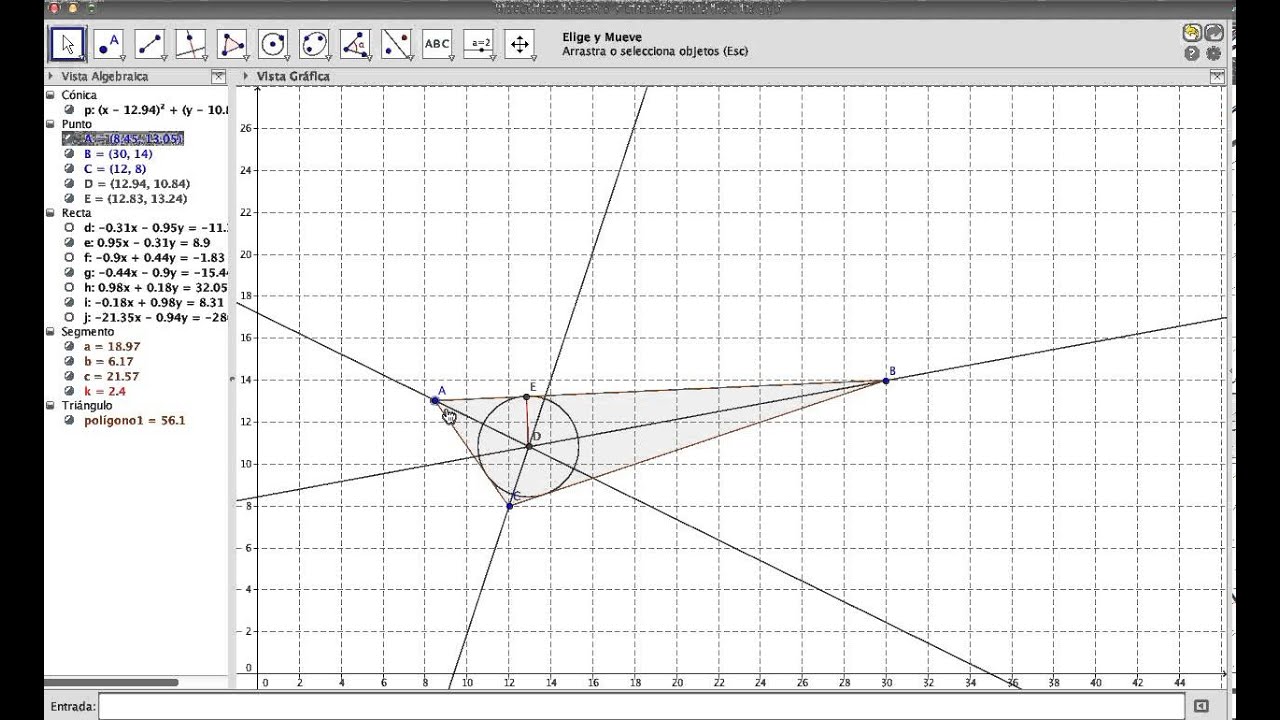 Bisectrices incentro y circunferencia inscrita con Geogebra