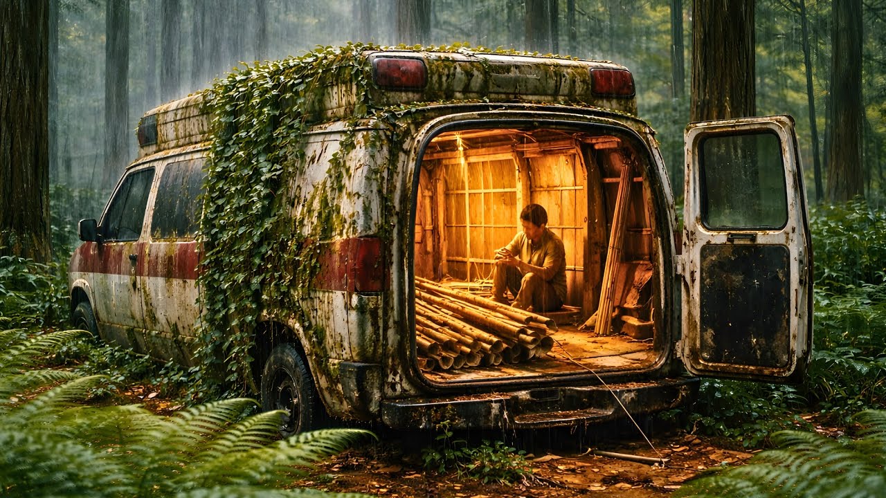 Three Japanese Men Transform an Abandoned Rusted Ambulance into a Cozy Bamboo House in Forest (ASMR)