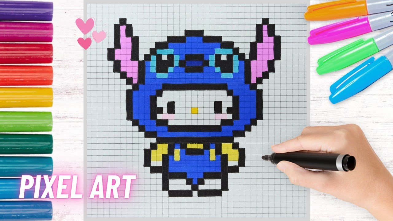 Como dibujar a Hello Kitty disfrazada de Stitch en Pixel Art | Dibujos pixelados