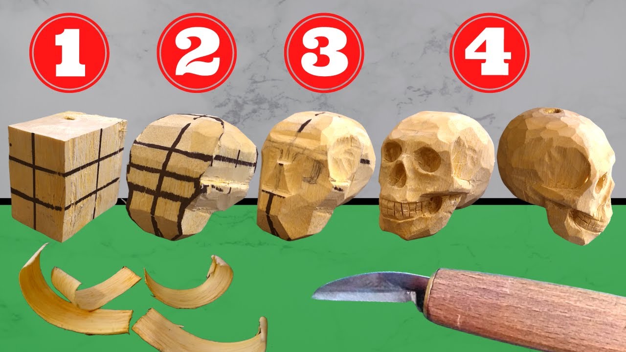 4 шага для ВЫРЕЗАНИЯ ЧЕЛОВЕЧЕСКОГО ЧЕРЕПА из дерева, 💀 ХЭЛЛОУИН, резьба по дереву для начинающих