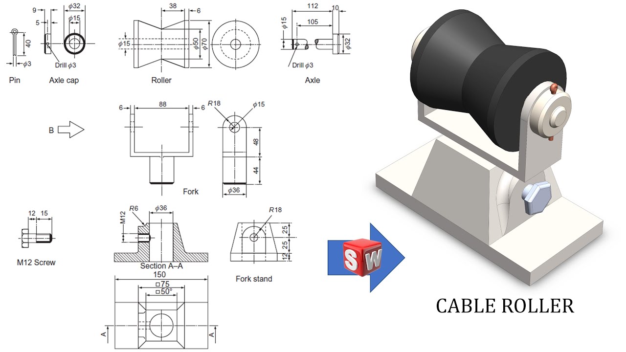Cable Roller Parts and Assembly using SOLIDWORKS | SOLIDWORKS tutorials for beginners