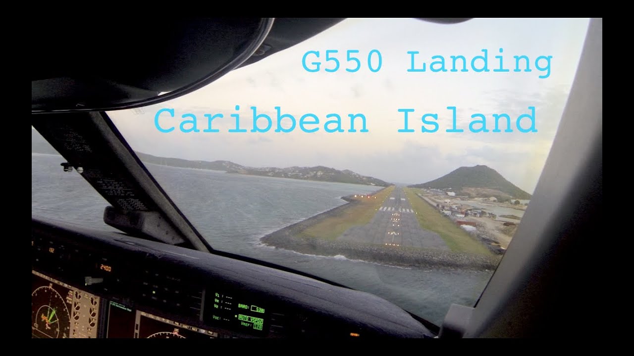 G550 Landing Canouan Island, Caribbean. Cockpit view