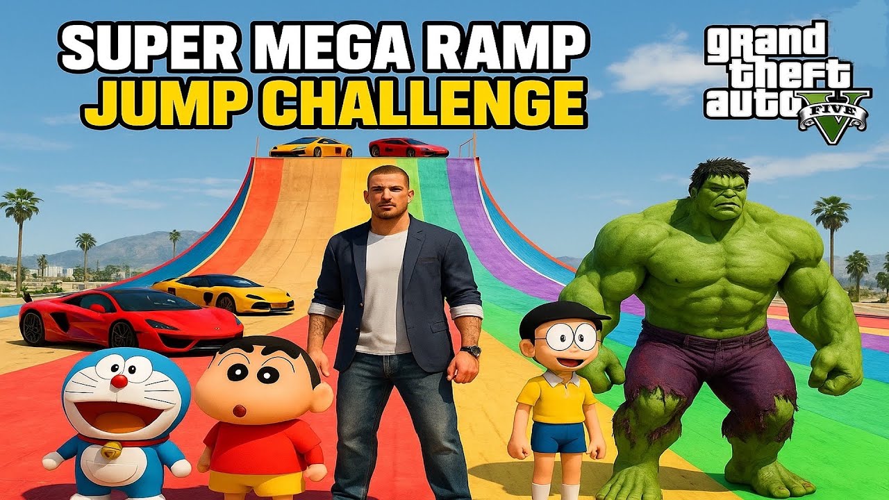SUPER MEGA RAMP JUMP CHALLENGE GTA 5 WITH AVENGERS AND FRANKLIN