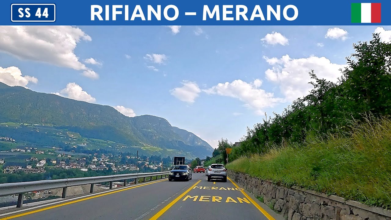 Driving in South Tyrol, Italy. A route along Jaufenstraße to the Merano city center. 4K
