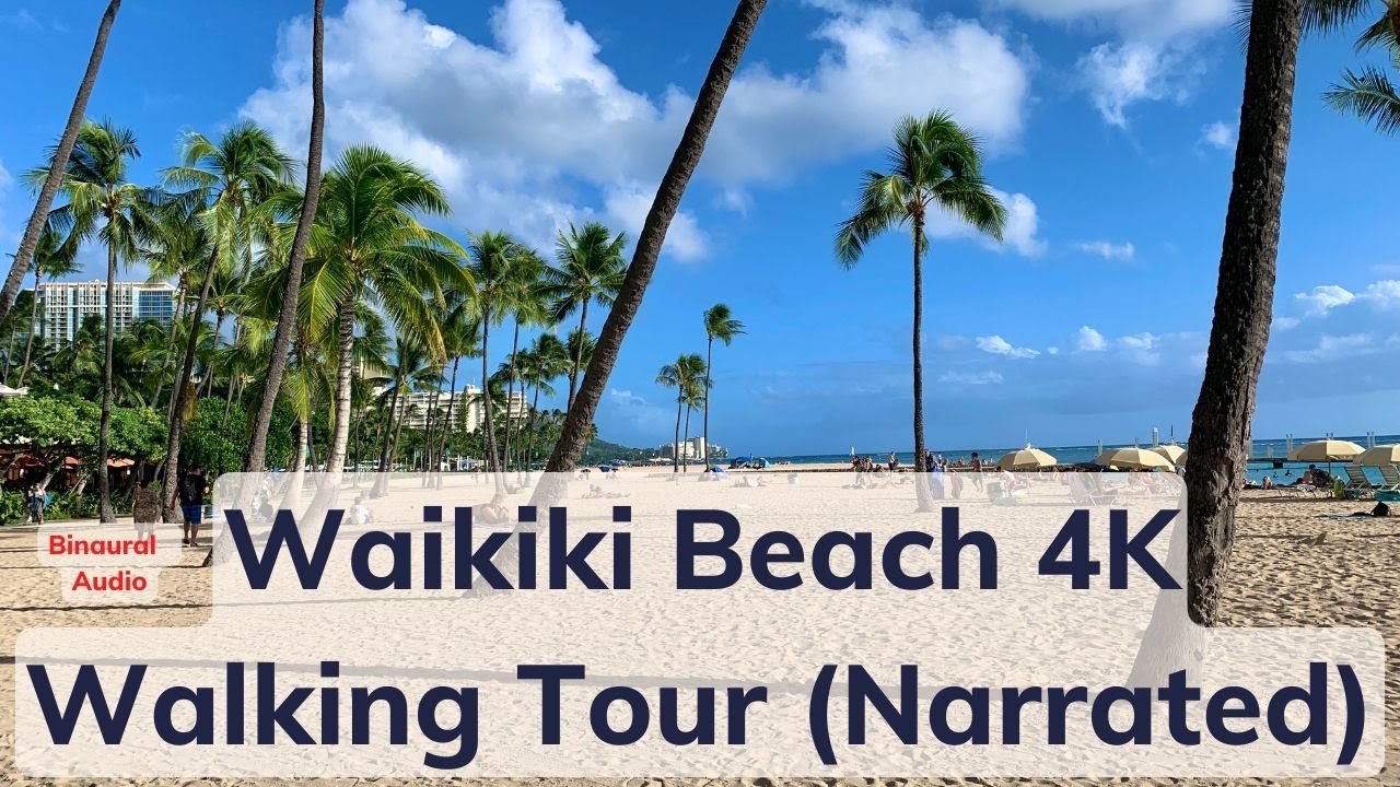 [4K] Waikiki Beach, Honolulu Hawaii - Walking Tour 🎧 Relaxing Ocean Waves Sounds & Narrated