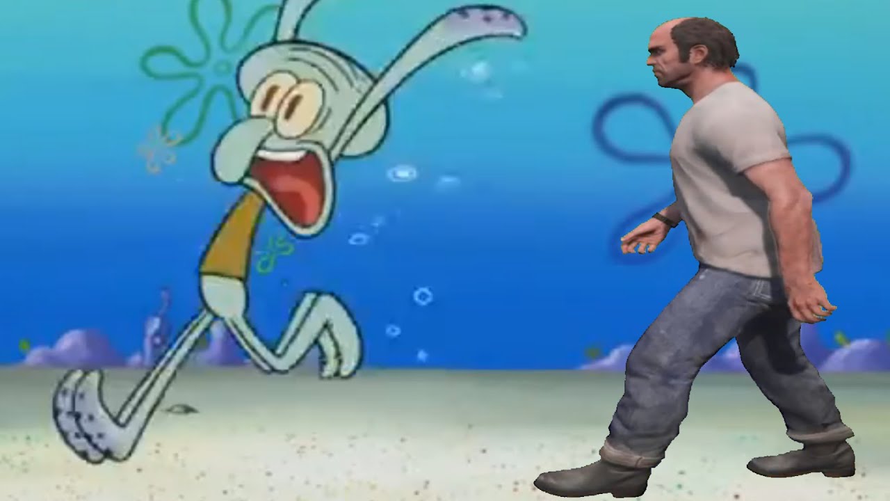 Squidward runs away from Trevor Philips