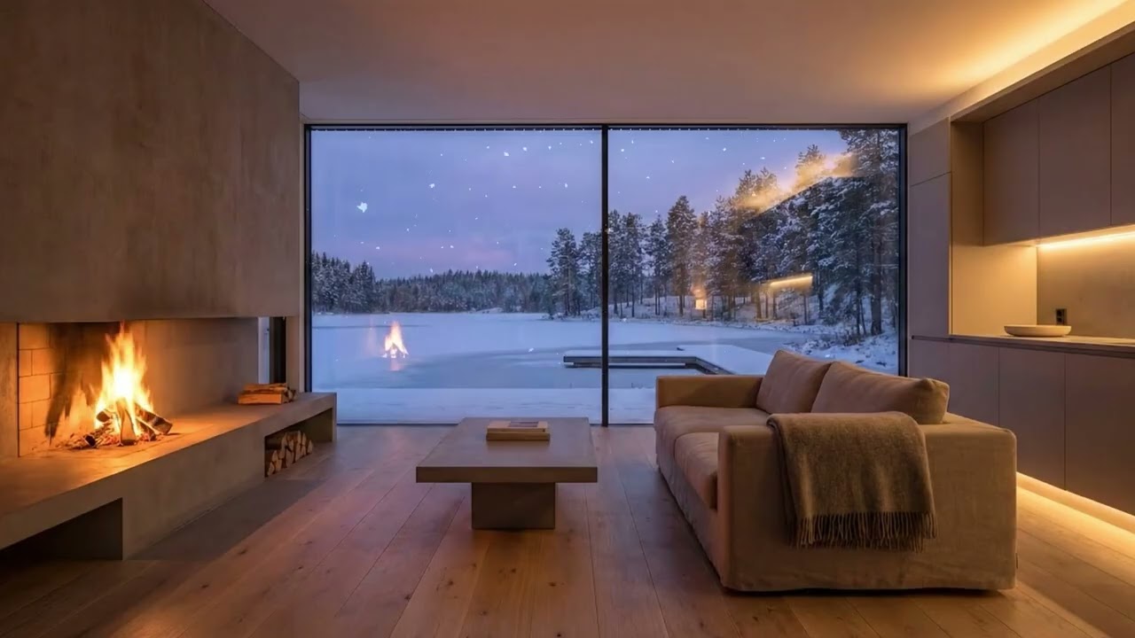Winter Cabin at Night. Cozymora. Warm Fireplace & Calm Ambient Music