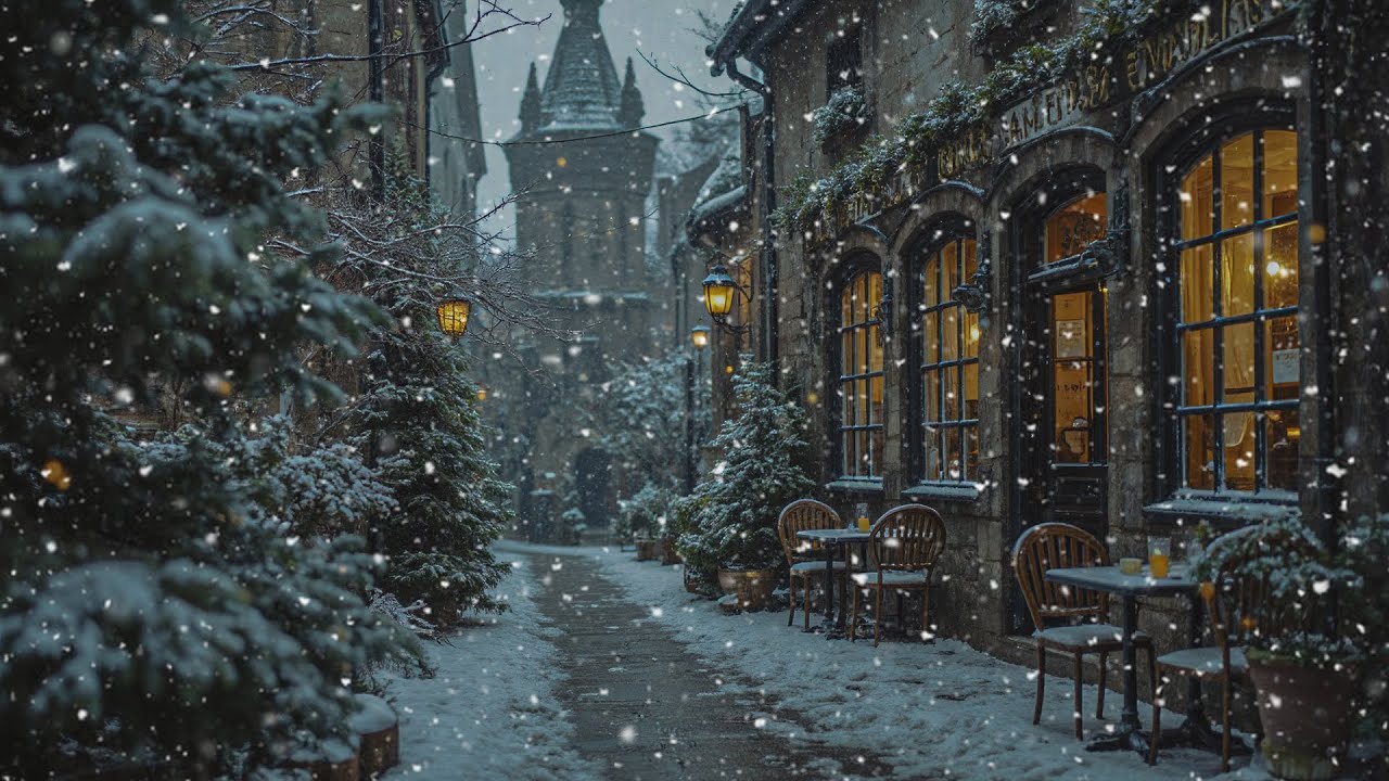 Dark Academia Reading Nook | Gothic Café Street | Winter Night Ambience