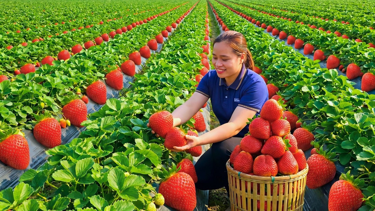 Harvesting A Large Quantity Of Strawberries At Green Farm And Bringing Them To The Market To Sell