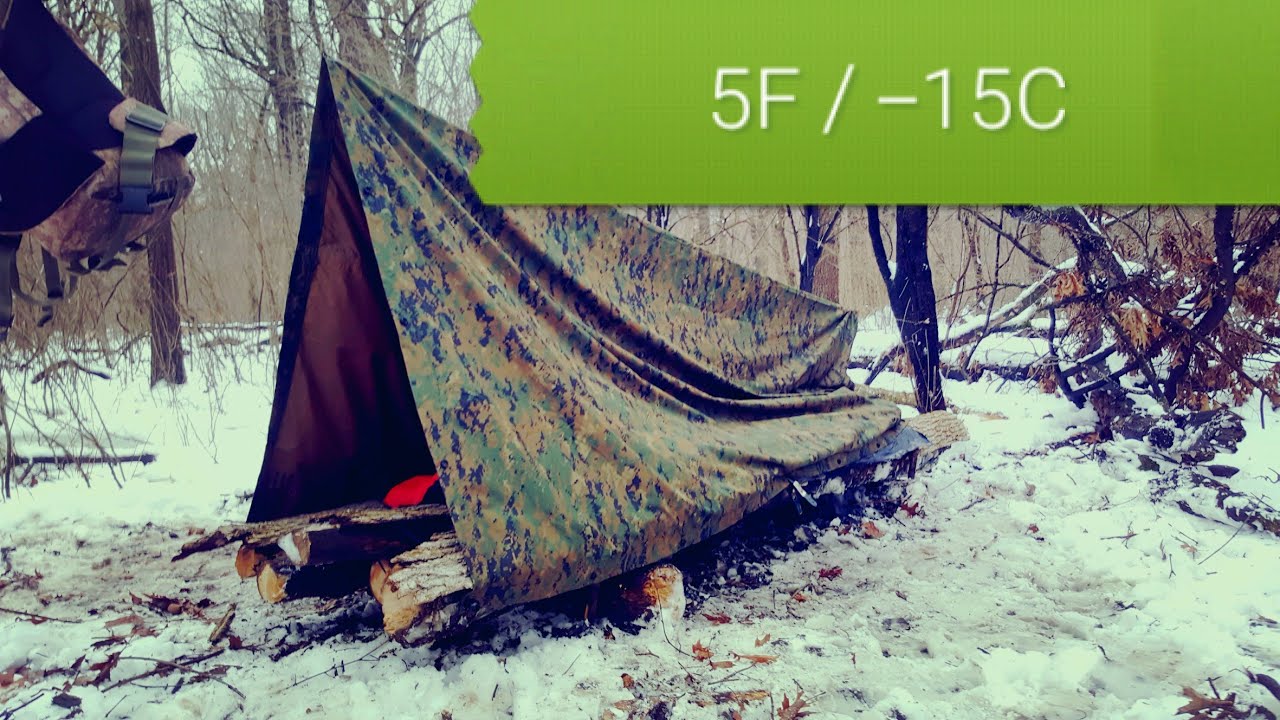 I slept in tarp shelter at 5F (-15C) / Overnight survival tarp camping practice in winter
