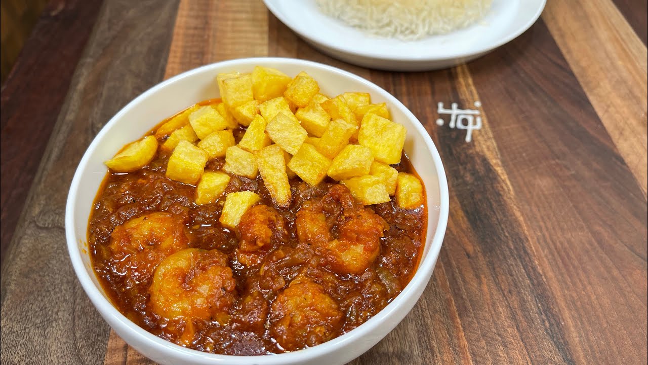 دوپیازه میگو با سیب&zwnj;زمینی سرخ&zwnj;کرده و کته به همراه نواب - shrimp stew with rice by navab