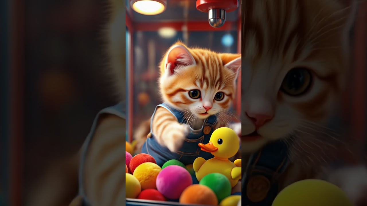 Orange kitten in denim overalls plays in claw machine, pouncing on toys. #cat #pets 🧸😺