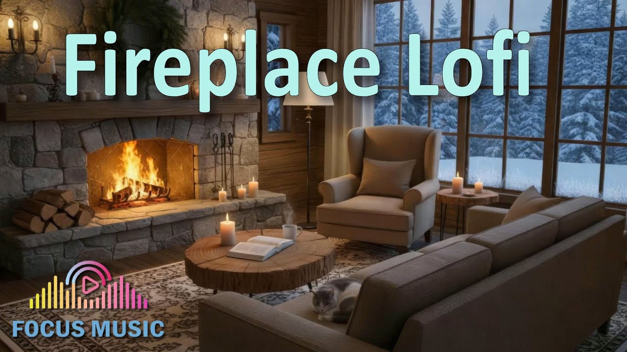 Cozy Winter Lo-Fi 🔥 Fireplace, Snow, Cat