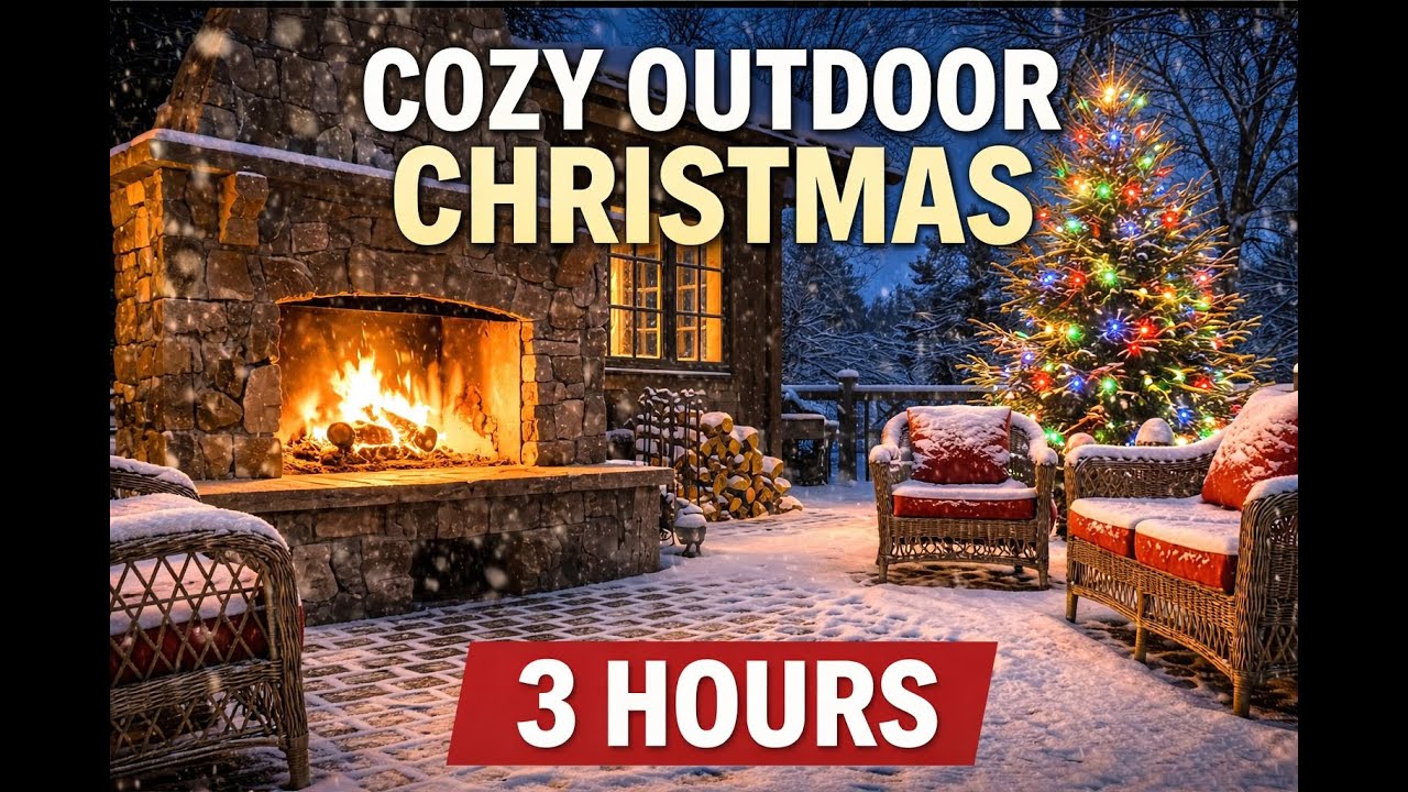 Cozy Outdoor Christmas Fireplace • Snowfall & Tree Ambience (3 Hours)