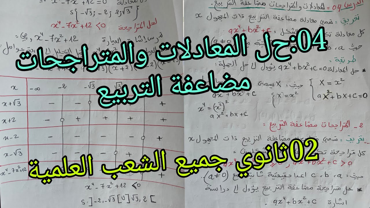04:حل المعادلات والمتراجحات مضاعفة التربيع للسنة الثانية ثانوي جميع الشعب العلمية 