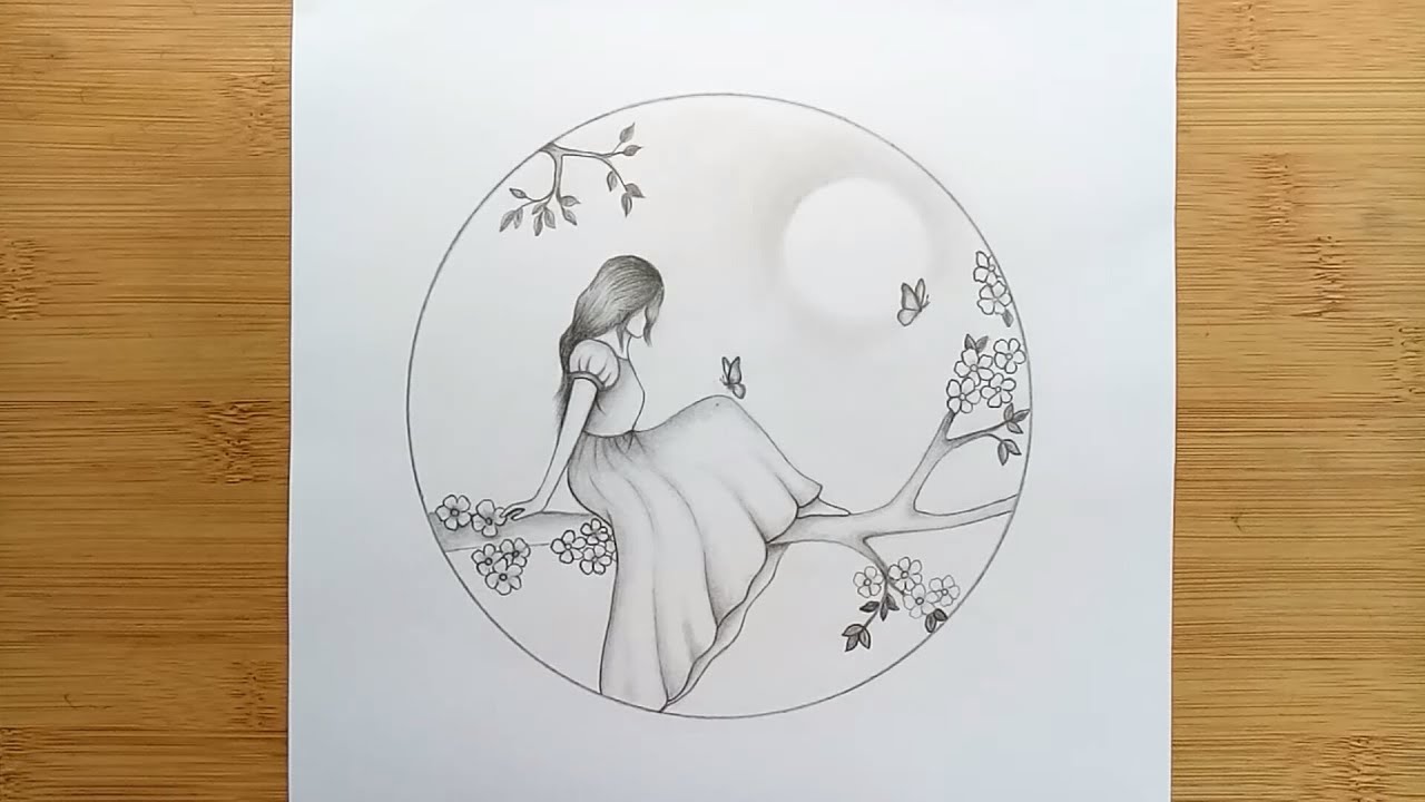 How to draw a girl sitting in a tree with pencil sketch//Step by step