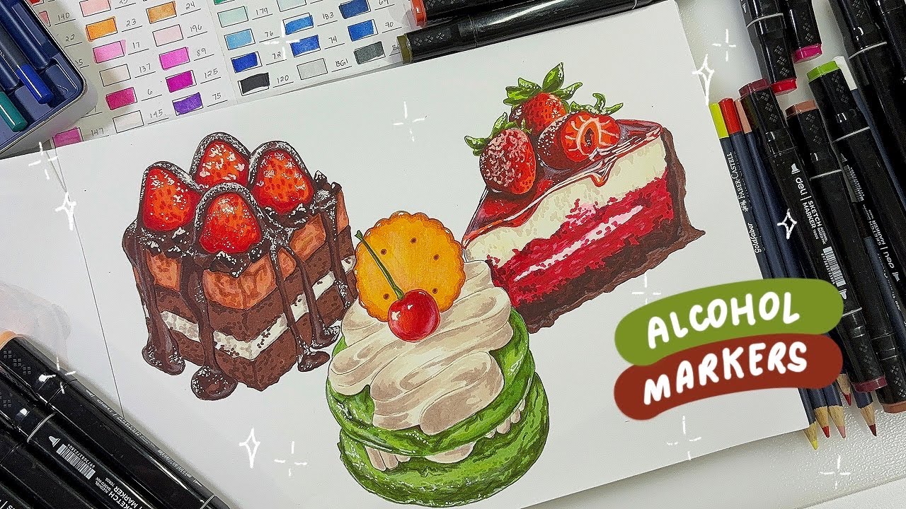 Using my old markers + colored pencils • food illustrations 🍰 | beginner-friendly alcohol markers