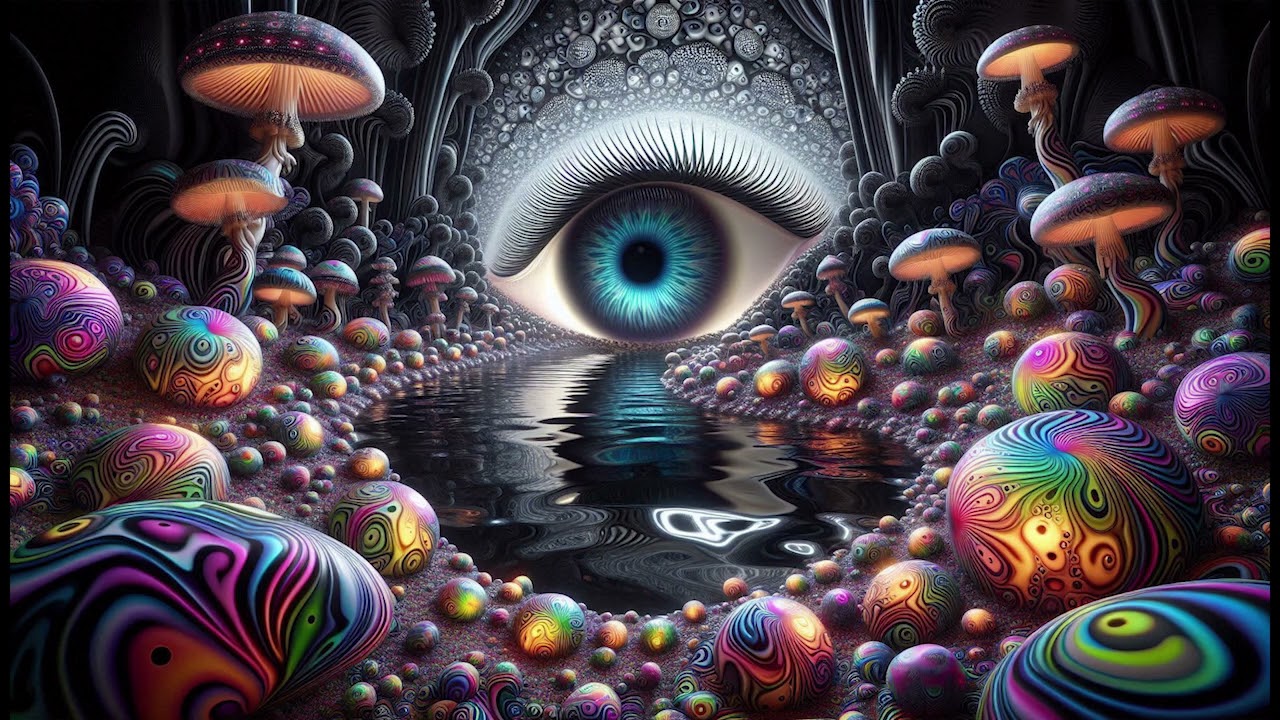 Psychedelic River, Mushrooms and Eyeball / Fractal Wallpaper ( No Sound )