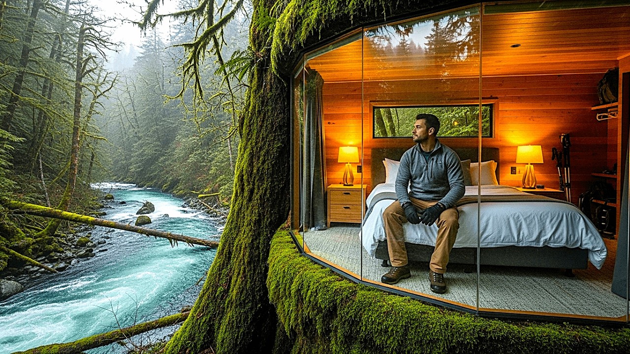 One Man Transforms a Massive Tree Into a Hidden Riverside Cabin(ASMR)