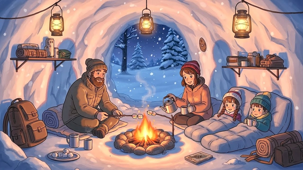 Cozy Family Camping in a Cave Home | Snowfall & Cooking | Studio Ghibili ASMR 🌨️#ghibli 