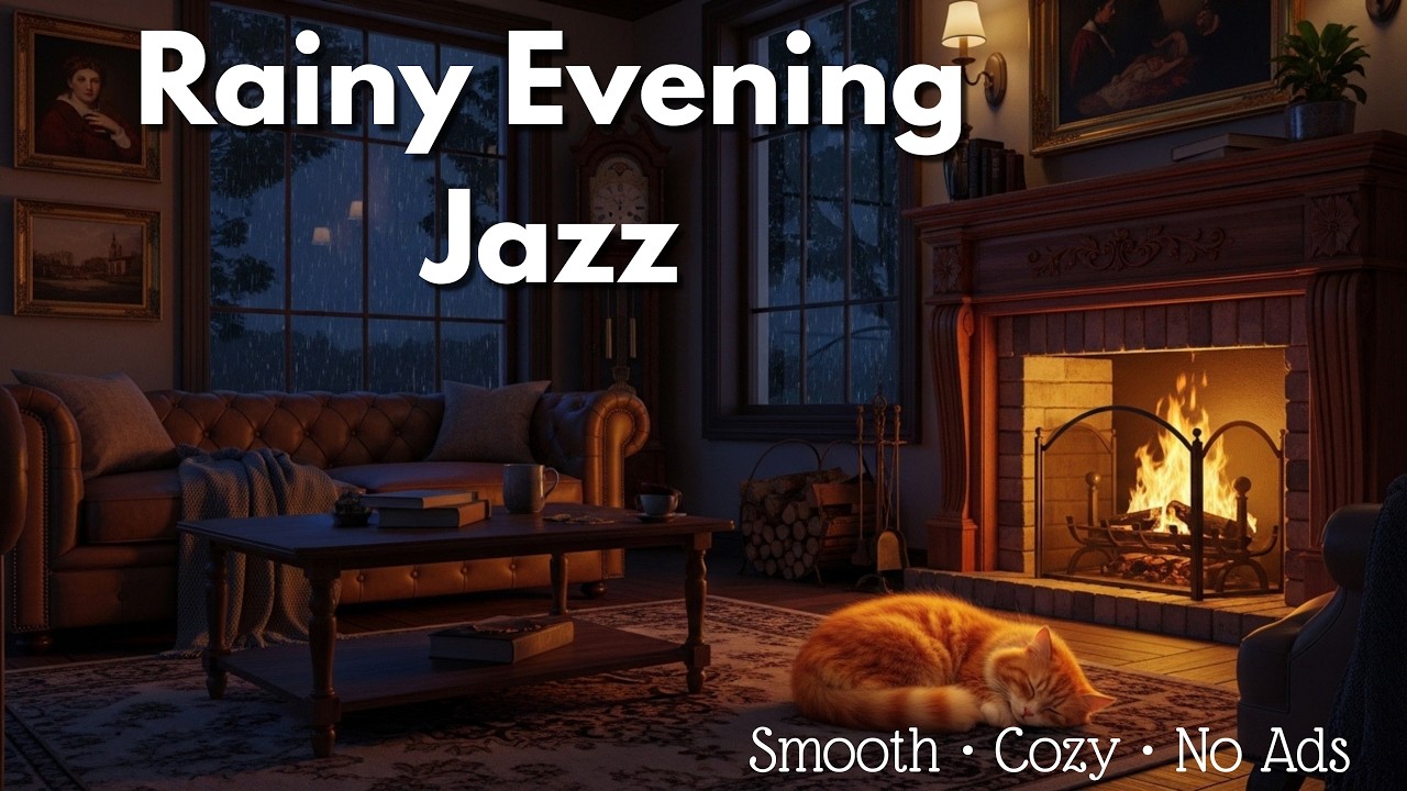🌧️ Rainy Evening Jazz & Fireplace | Warm Ambience for Study, Reading & Meditation