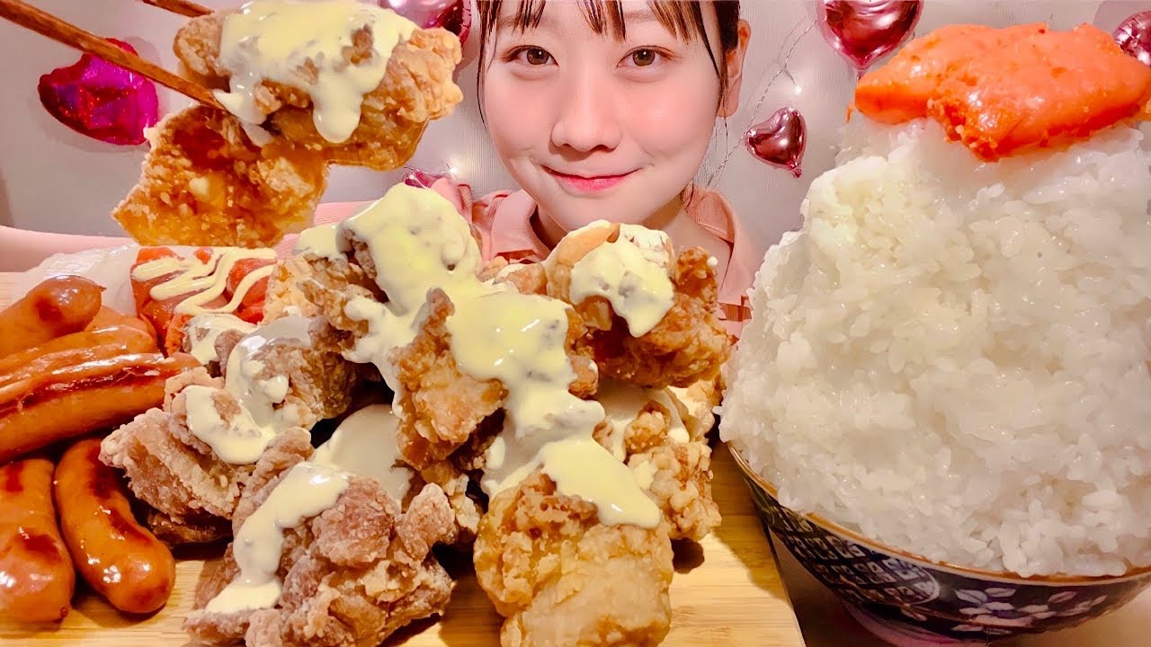 ASMR Жареный цыпленок сосиска Ментаико【русские субтитры】【Mukbang/ Eating Sounds】