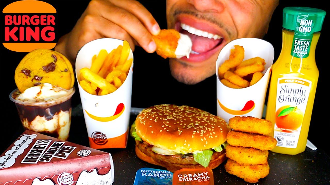 BURGERKING | IMPOSSIBLE WHOPPER WITH CHEESE ONION RINGS CHICKEN NUGGETSS HOT FUDGE SUNDAE ICE CREAM