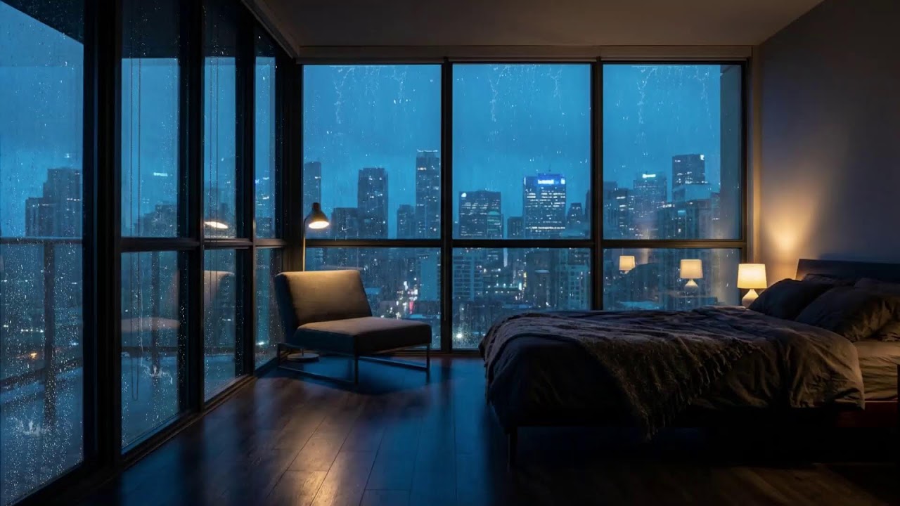 Rain Sound in The City View⛈️ Heavy Rain on Window for Deep Sleep | Relaxing Night Ambience
