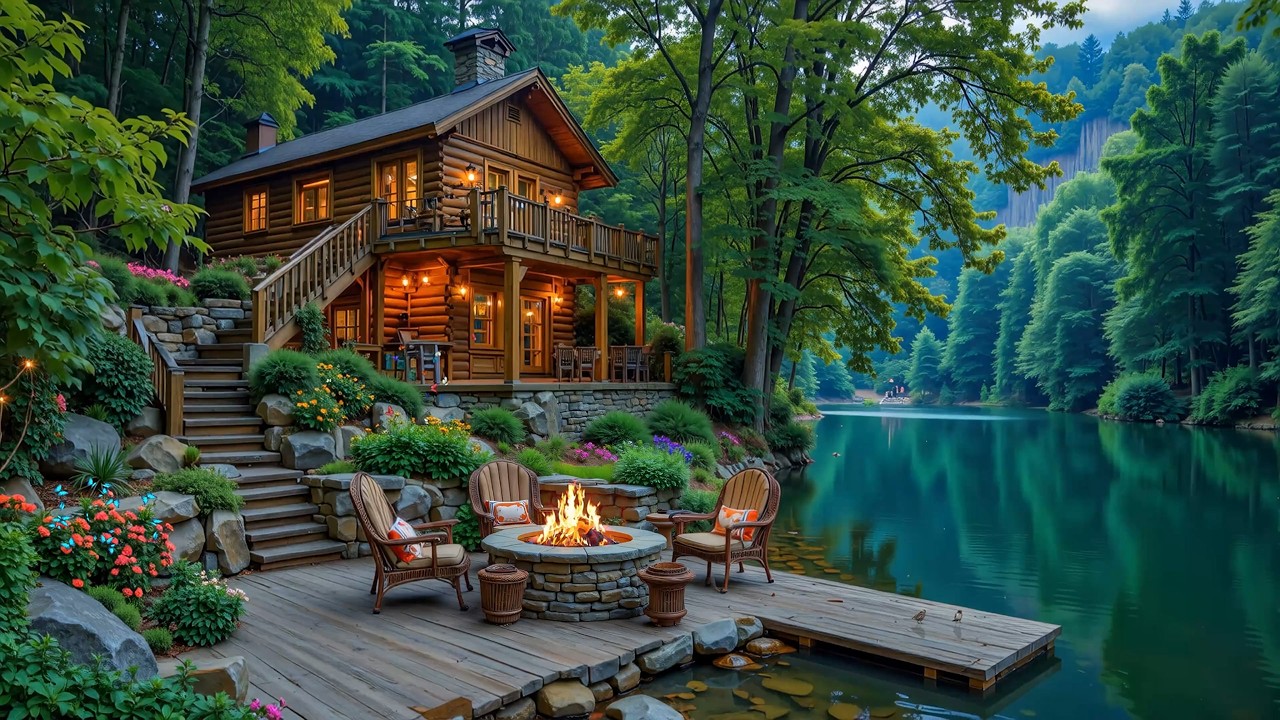 Relaxing Spring Morning Lakeside Cabin Ambience 🌿🌺 Smooth Piano Music for Work and Study