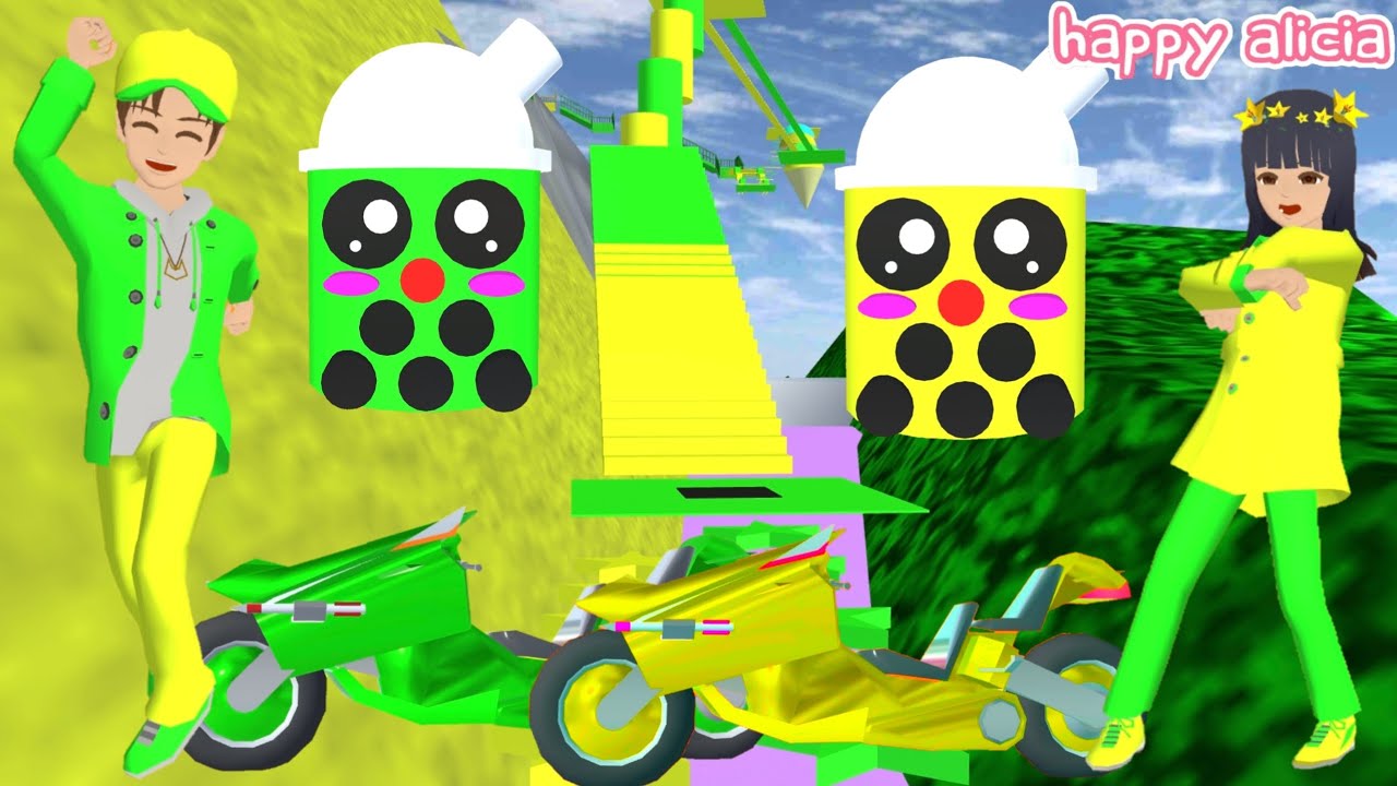 Yuta VS Mio 24 Jam Lomba Parkour Motor Serba Hijau Kuning 🤣💚💛| Sakura Simulator | Happy Alicia