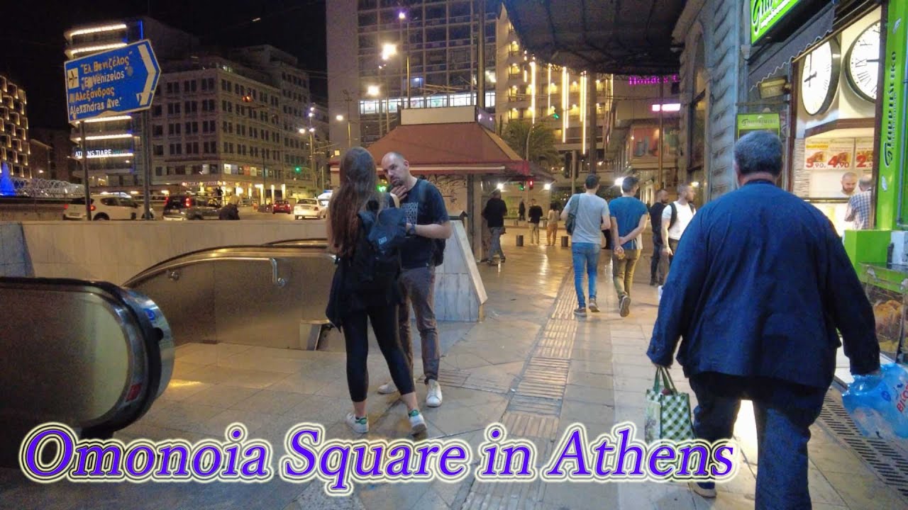 Walking in Greece. Walk around Omonoia Square in Athens at Night. ORANGE ua