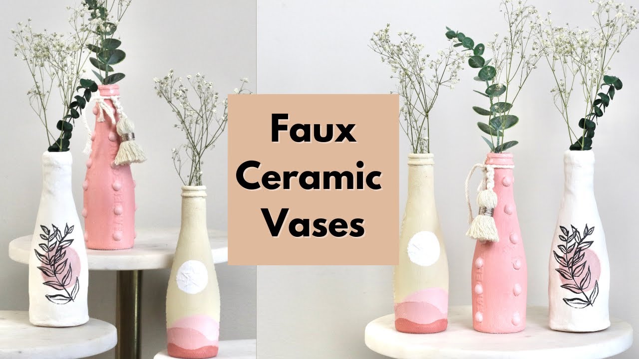 Faux ceramic vases using recycled glass bottles|Air Dry Clay Vase|DIY Textured Vase|Home decor ideas