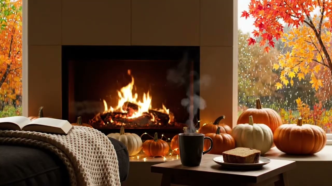 Rain In Autumn Fireplace 🔥 Cozy Warmth Feeling 🍂🍁
