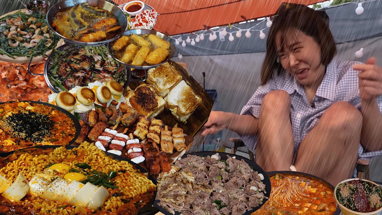 титр) Crazy downpours and strong winds. Making and eating various foods for 2 nights and 3 days
