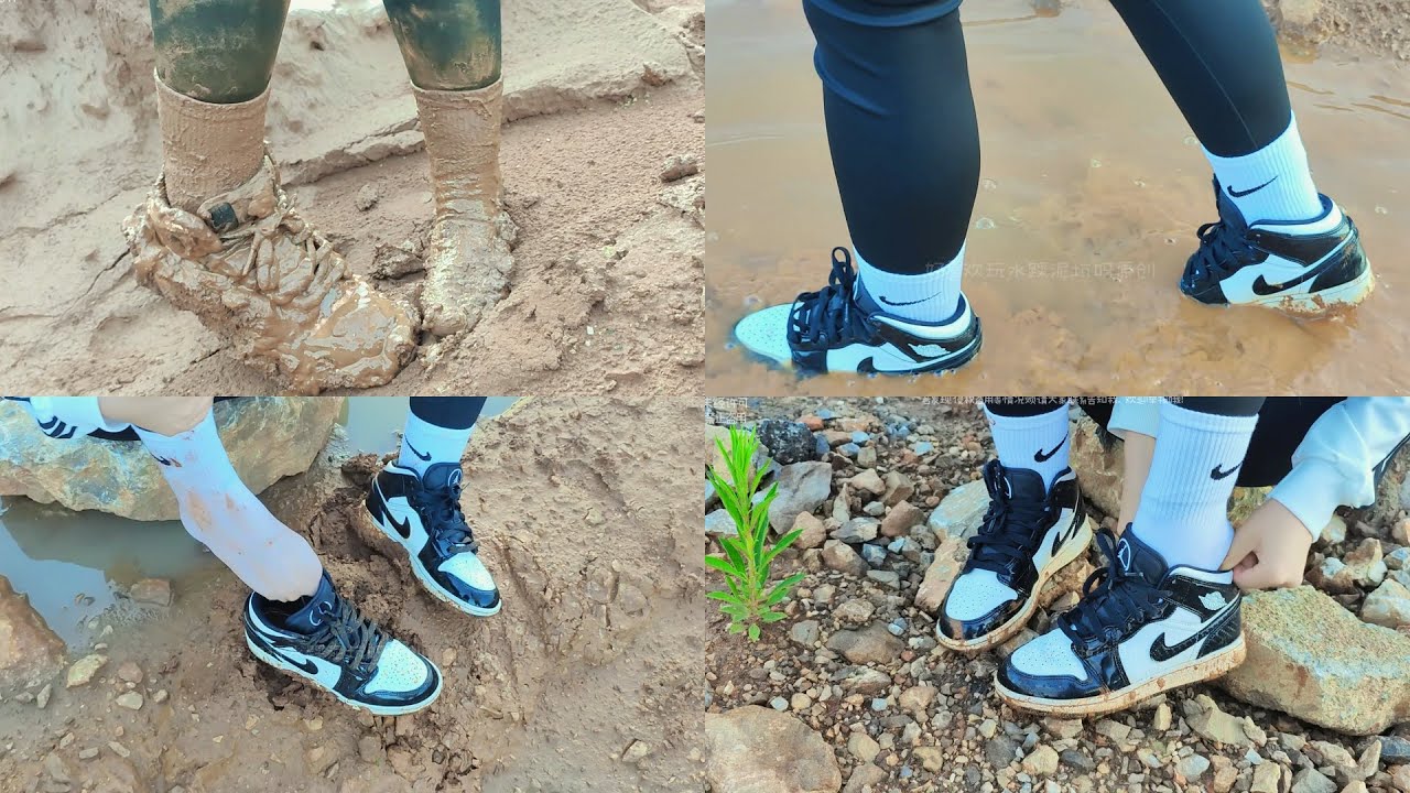 Black and white NIKE AJ and white socks wet and muddy(80)(Full video 43min 40sec)