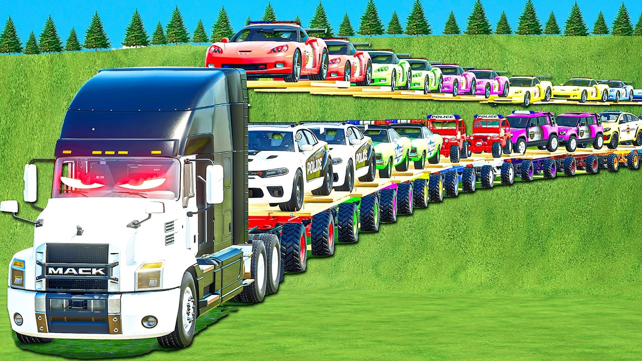 DRIVING TRUCK 10X DOUBLE DECKER TRAILER TWIN CARS LONG CONVOY & MACK POWER! FS 25