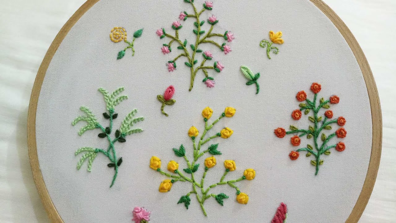 hand embroidery designs of 4 different small flower plants with easy stitches
