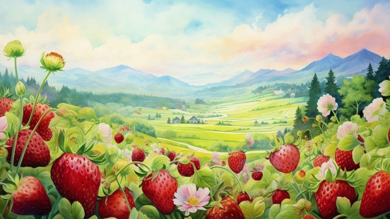 Strawberry Field Free Tv Art Wallpaper Screensaver Home Decor Watercolor Painting Digital Wall Art