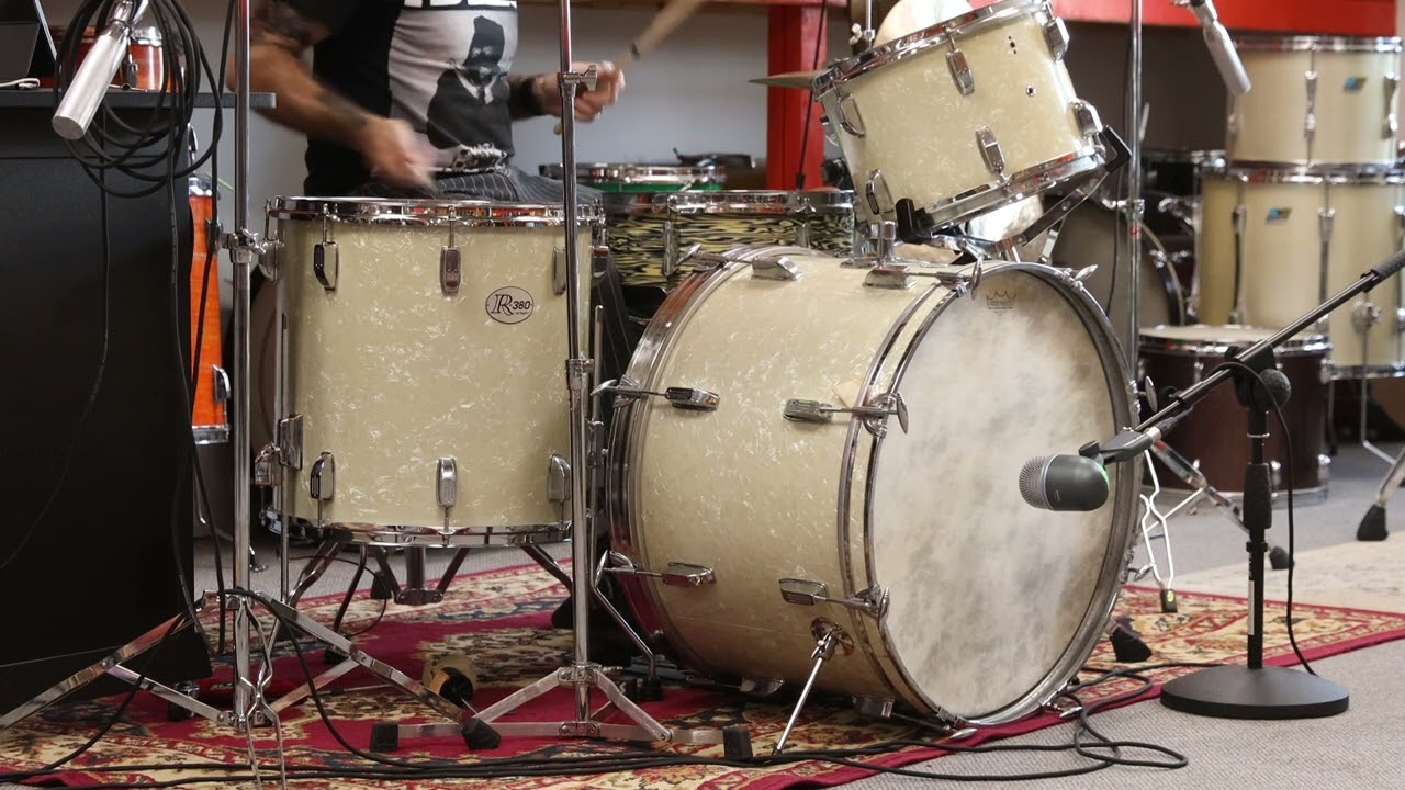 Vintage Rogers R -380 White Marine Pearl 14x22 9x13 and 16x16 Drum Set
