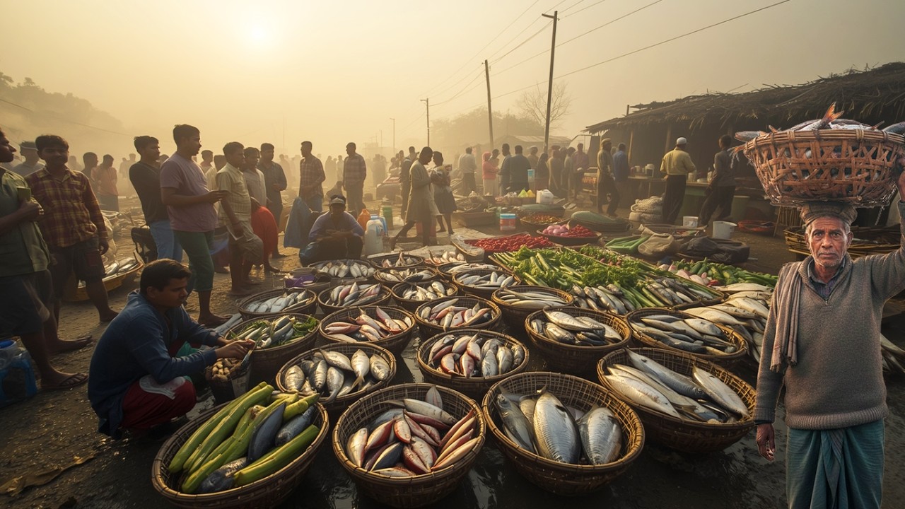 শীতের সকালে গ্রামীণ মাছের হাট ও পিঠার বাজার | Gorergao Mor Morning Market