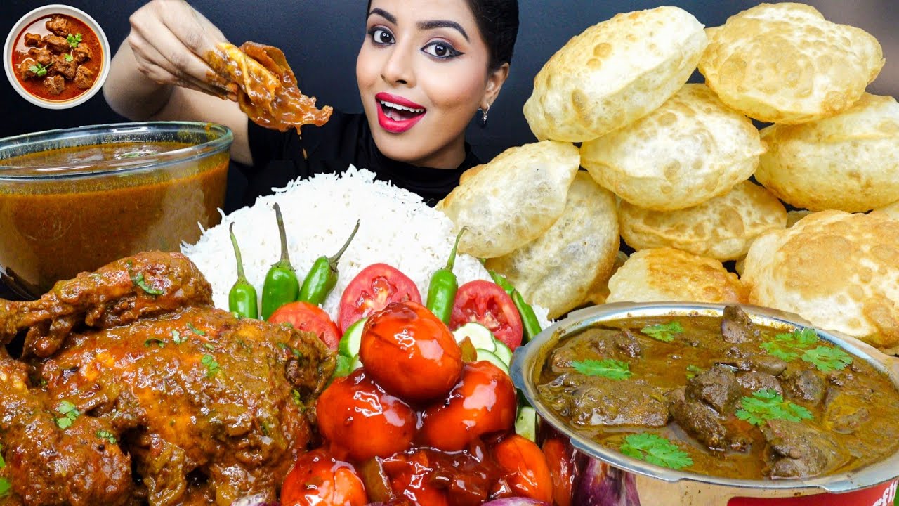 ASMR Eating Spicy Whole Chicken Curry,Liver Curry,Poori Masala,Rice Big Bites ASMR Eating Mukbang