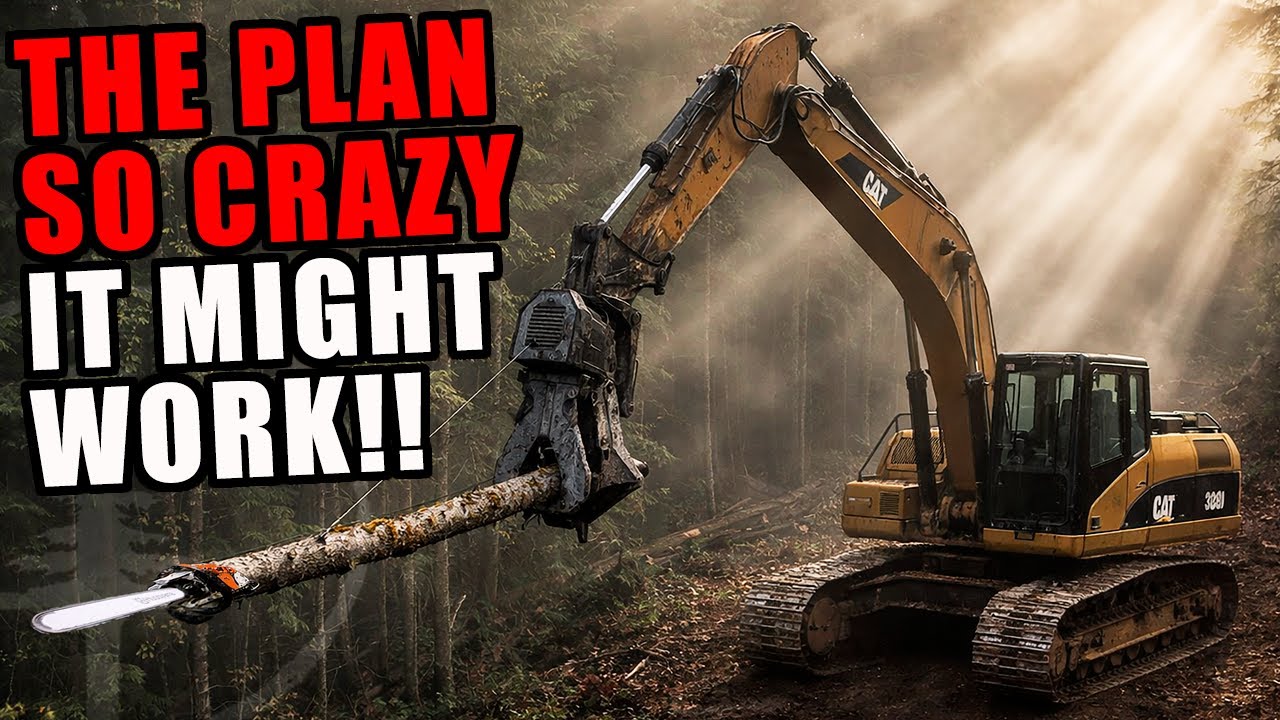 LOGGER'S INSANE PLAN To Strap A Chainsaw To a 40 Foot Log & Attempt To Cut Trees With An Excavator!
